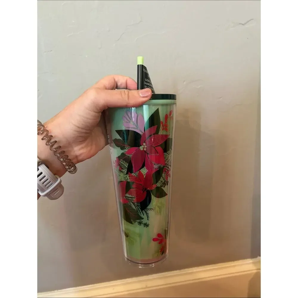 Starbucks Holiday Mint Green Tumbler with Red Floral Design